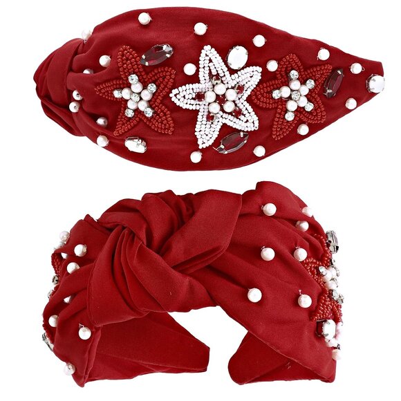 Alabama Roll Tide Crimson Red White Star Beaded Crystal Pearl Football Headband - Picture 3 of 6